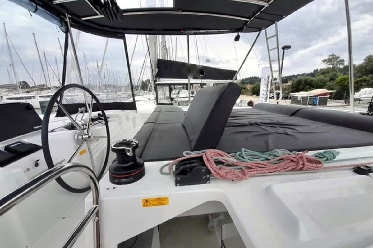 Cockpit of Thalasea, a Lagoon 46 catamaran at Kontokali, Greece