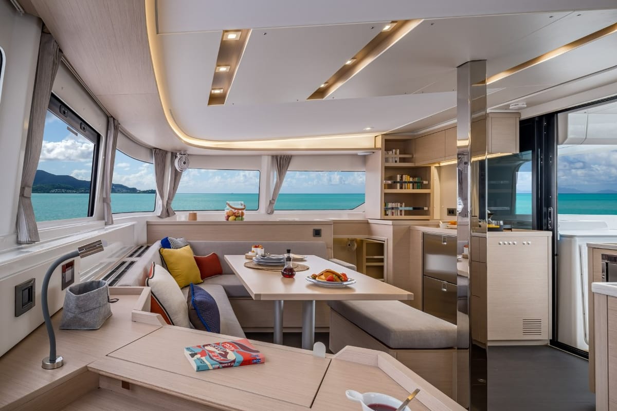 Salon of Thalasea, a Lagoon 46 catamaran at Kontokali, Greece
