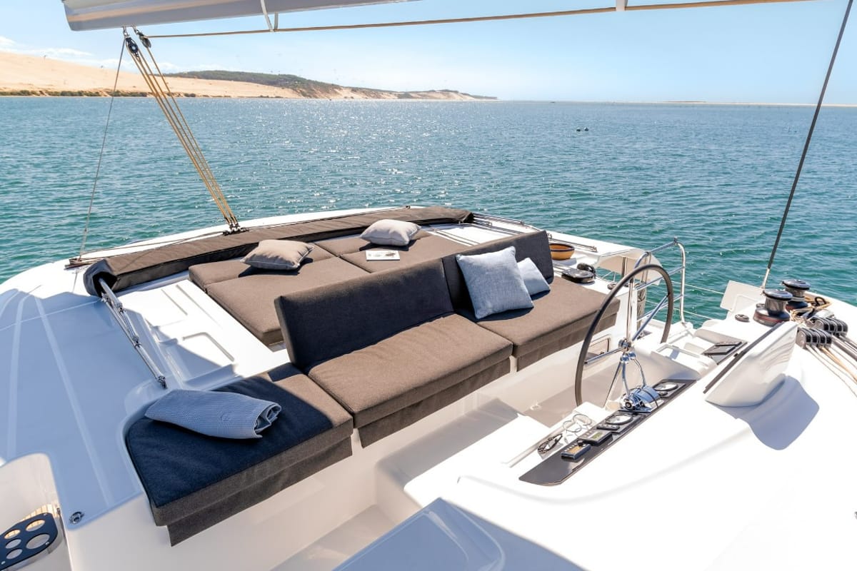 Deck of Thalasea, a Lagoon 46 catamaran at Kontokali, Greece