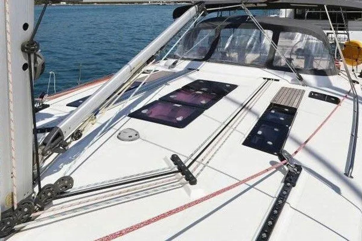 Deck of Star Isabella , a Bavaria Cruiser 50 sailboat at Punat, Croatia