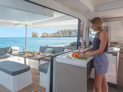 Galley of Arete, a Fountaine Pajot Elba 45 catamaran at Road Town, British Virgin Islands
