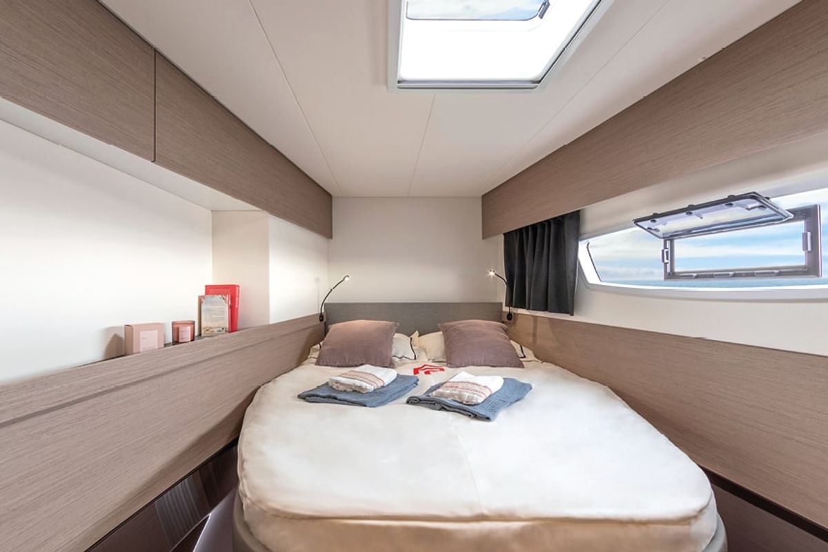 Cabin on Arete, a Fountaine Pajot Elba 45 catamaran at Road Town, British Virgin Islands