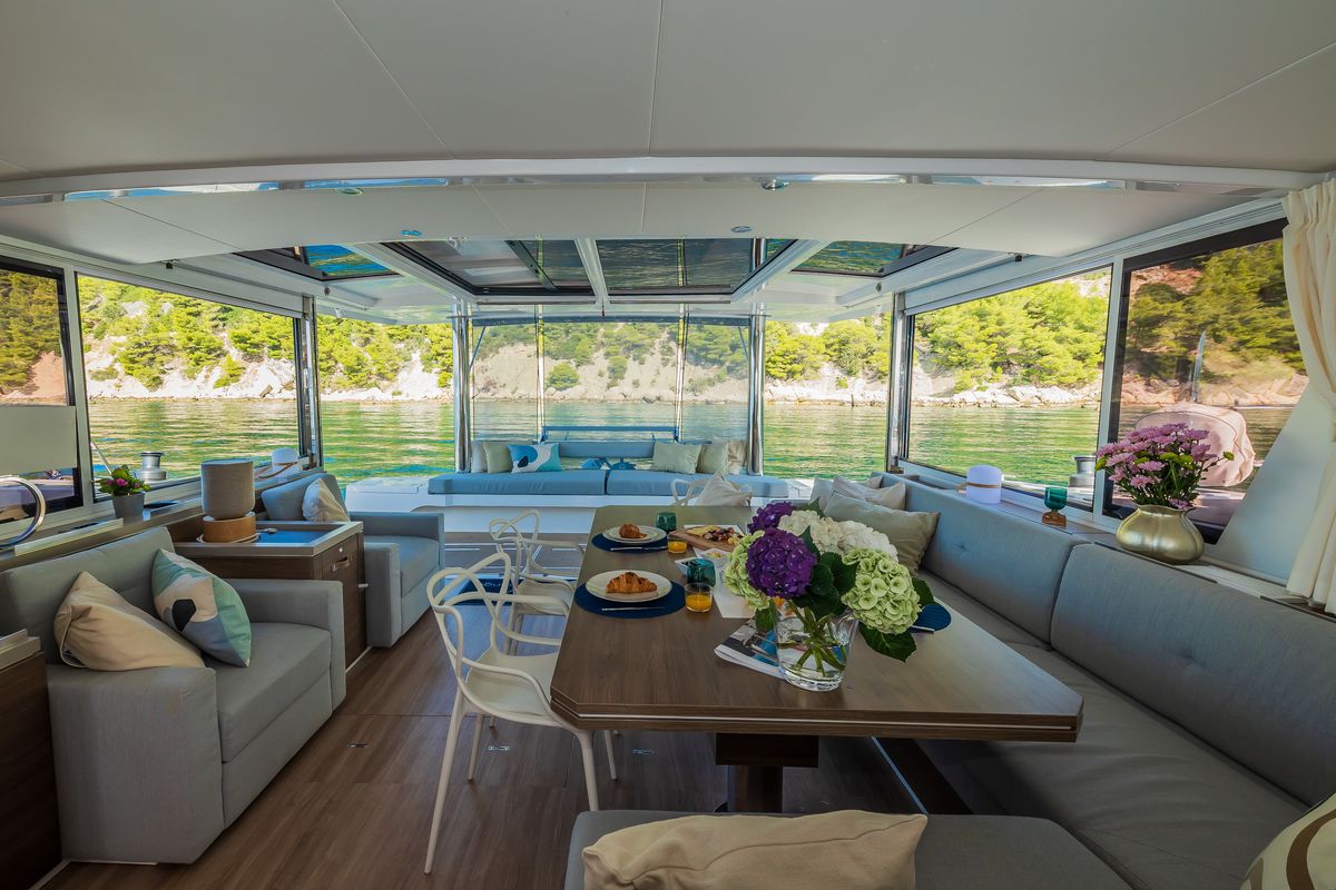 Salon of Ocean Lounge, a Bali 5.4 catamaran at Athens, Greece