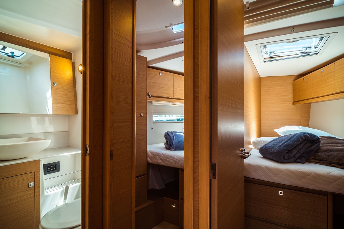 Cabin on Zoe, a Dufour 520 Grand Large sailboat at Olbia, Italy