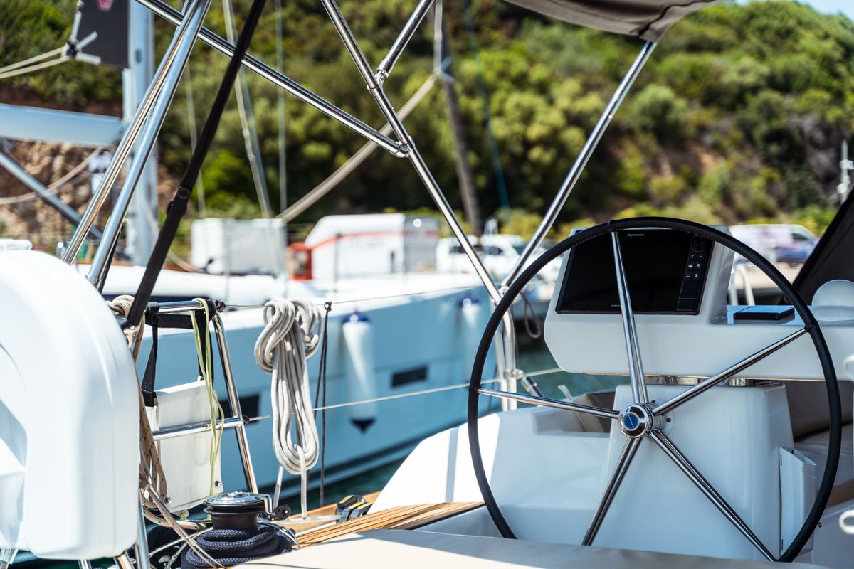 Cockpit of Zoe, a Dufour 520 Grand Large sailboat at Olbia, Italy