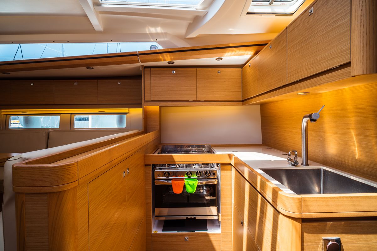 Galley of Zoe, a Dufour 520 Grand Large sailboat at Olbia, Italy