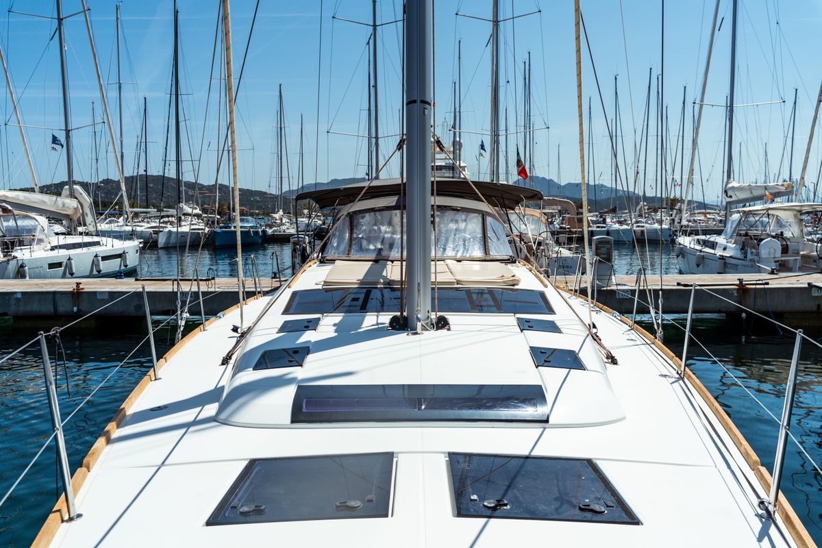 Deck of Zoe, a Dufour 520 Grand Large sailboat at Olbia, Italy