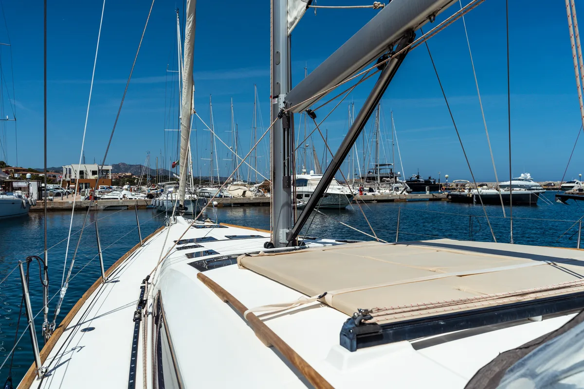Deck of Zoe, a Dufour 520 Grand Large sailboat at Olbia, Italy