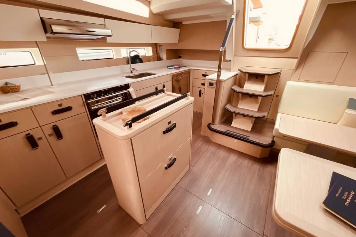 Galley of Marina, a Jeanneau 55 sailboat at Salerno, Italy