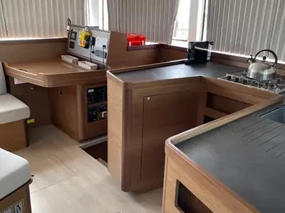 Salon of Tethys, a Lagoon 42 catamaran at Municipal Unit of Lefkada, Greece