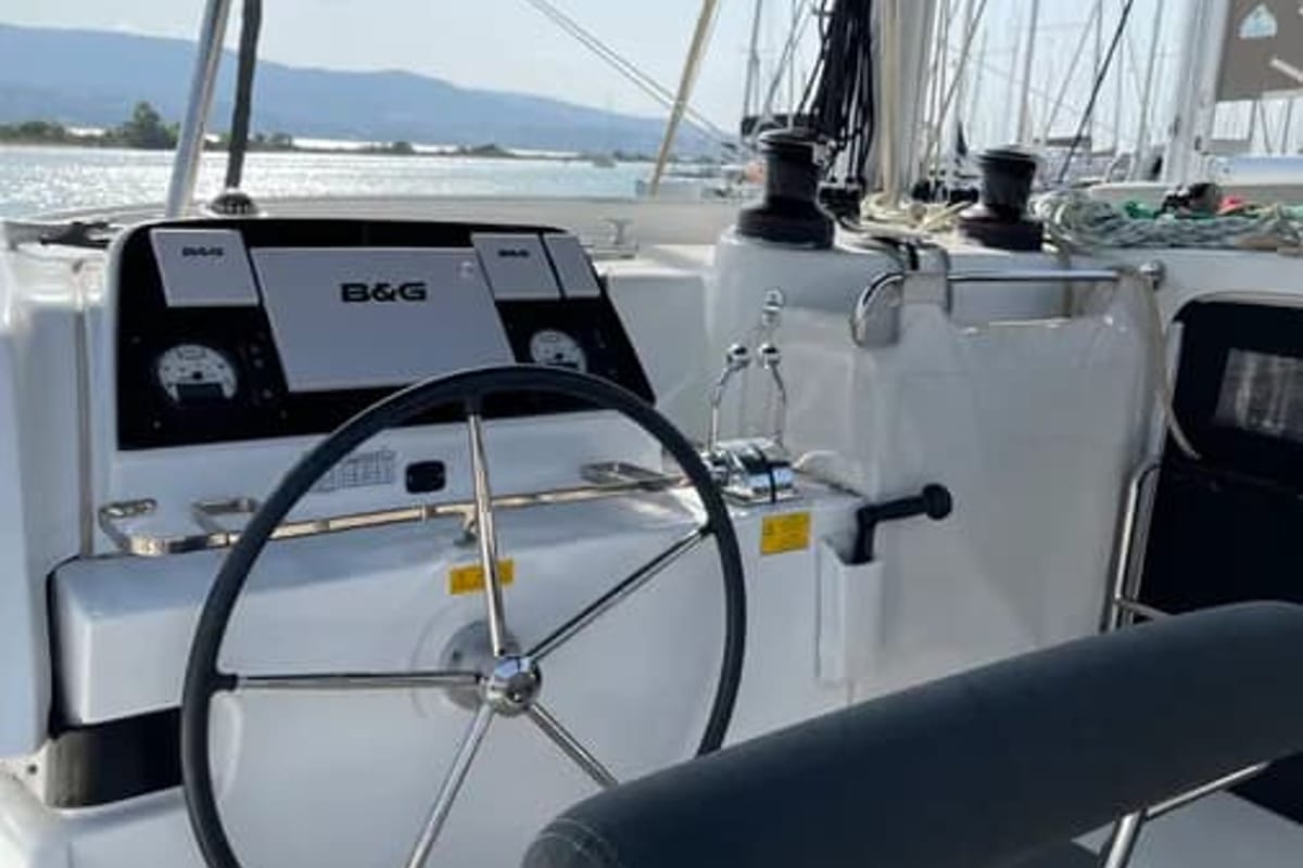 Cockpit of Tethys, a Lagoon 42 catamaran at Municipal Unit of Lefkada, Greece