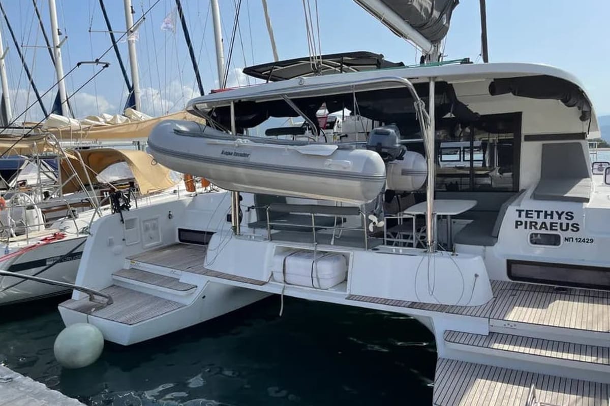 Exterior view of Tethys, a Lagoon 42 catamaran at Municipal Unit of Lefkada, Greece