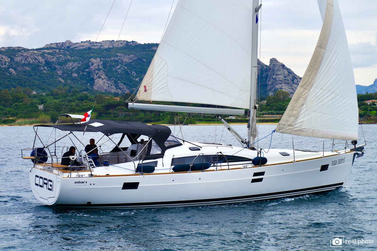 Exterior view of Corgi, a Elan Impression 45.1 sailboat at Cannigione, Italy