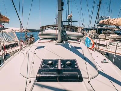 Deck of El Yelmo, a Jeanneau 54 sailboat at Seget Donji, Croatia