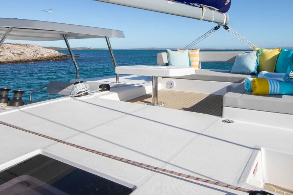 Deck of Moorings 4200/3/3 Exclusive, a Leopard 42 catamaran at Nassau, Bahamas