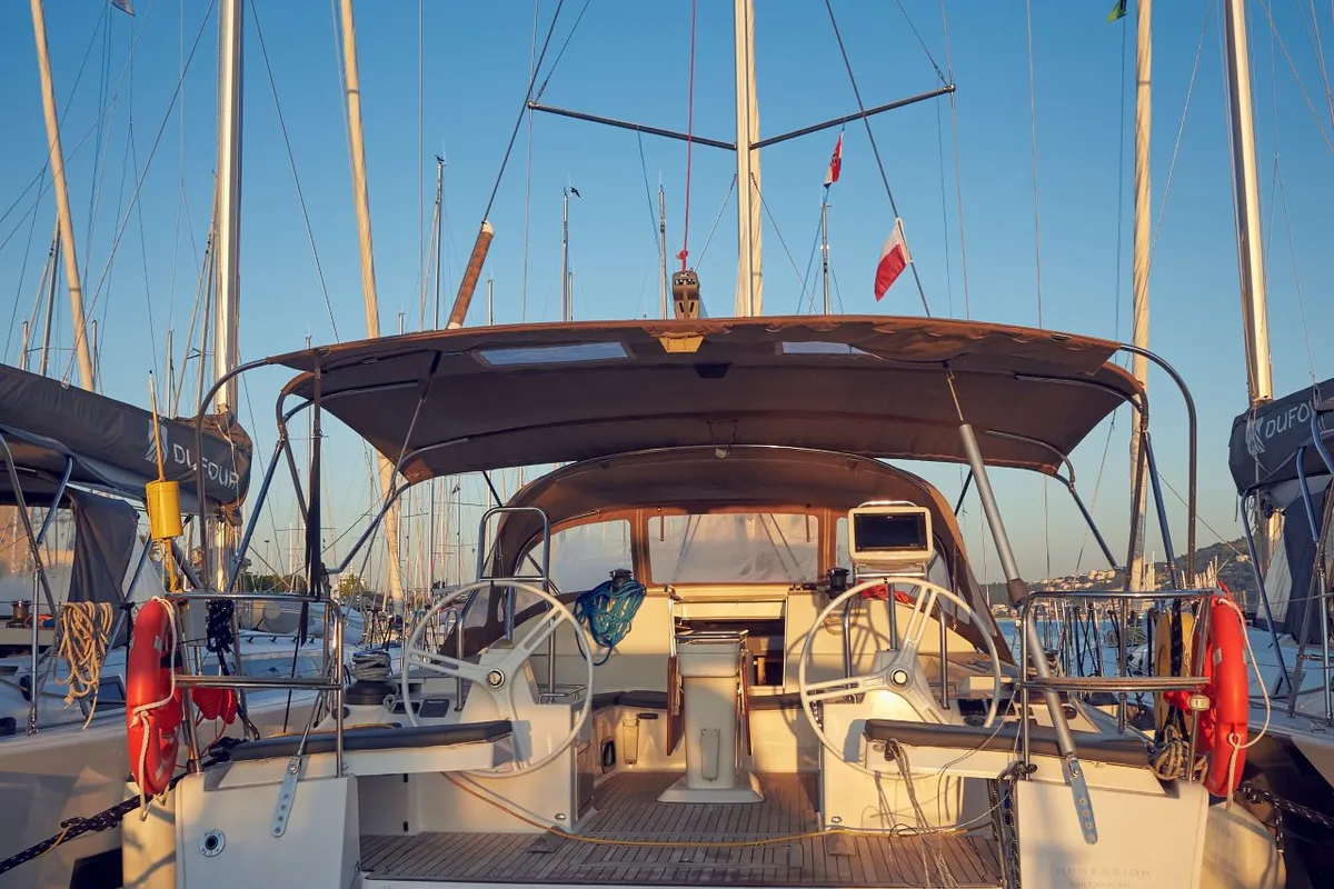 Cockpit of Friends, a Elan Impression 50 sailboat at Grad Pula, Croatia