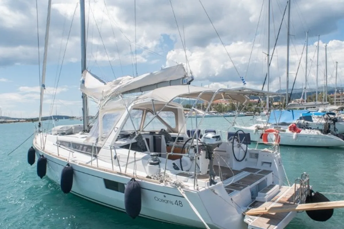 Exterior view of Don Quixote, a Beneteau Oceanis 48 sailboat at Port of Avdira, Greece