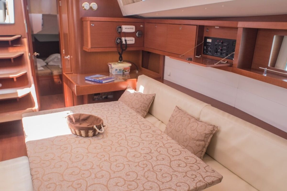 Salon of Don Quixote, a Beneteau Oceanis 48 sailboat at Port of Avdira, Greece
