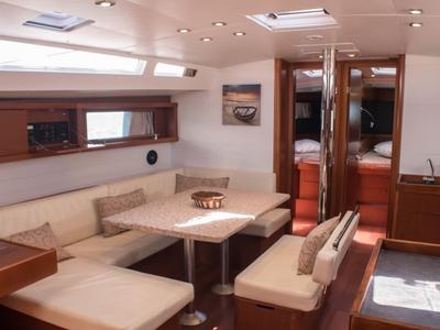 Salon of Don Quixote, a Beneteau Oceanis 48 sailboat at Port of Avdira, Greece
