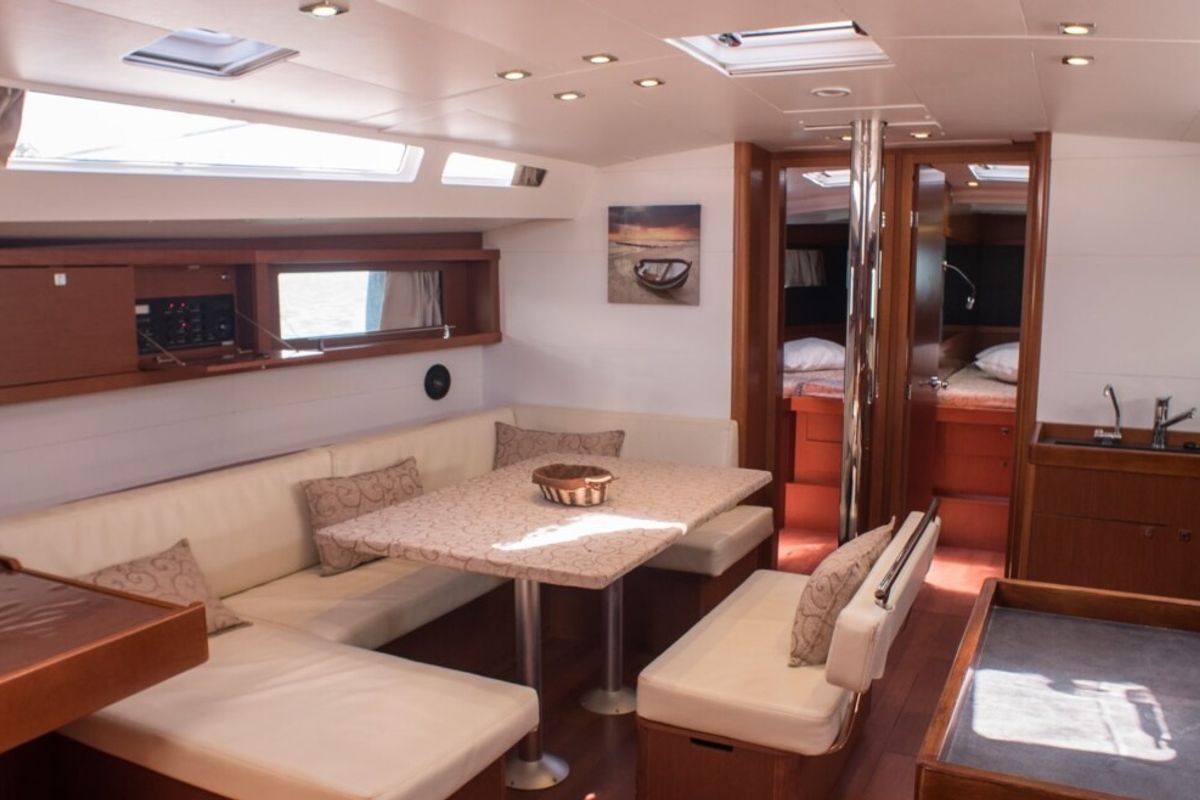 Salon of Don Quixote, a Beneteau Oceanis 48 sailboat at Port of Avdira, Greece