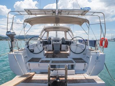 Cockpit of Don Quixote, a Beneteau Oceanis 48 sailboat at Port of Avdira, Greece