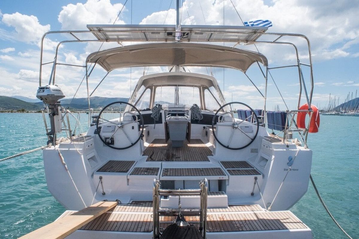 Cockpit of Don Quixote, a Beneteau Oceanis 48 sailboat at Port of Avdira, Greece