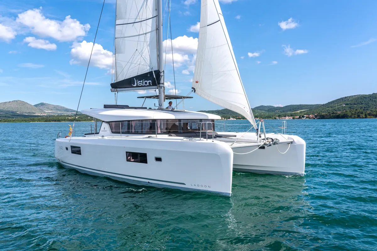 Exterior view of First Dance, a Lagoon 42 catamaran at Skradin, Croatia