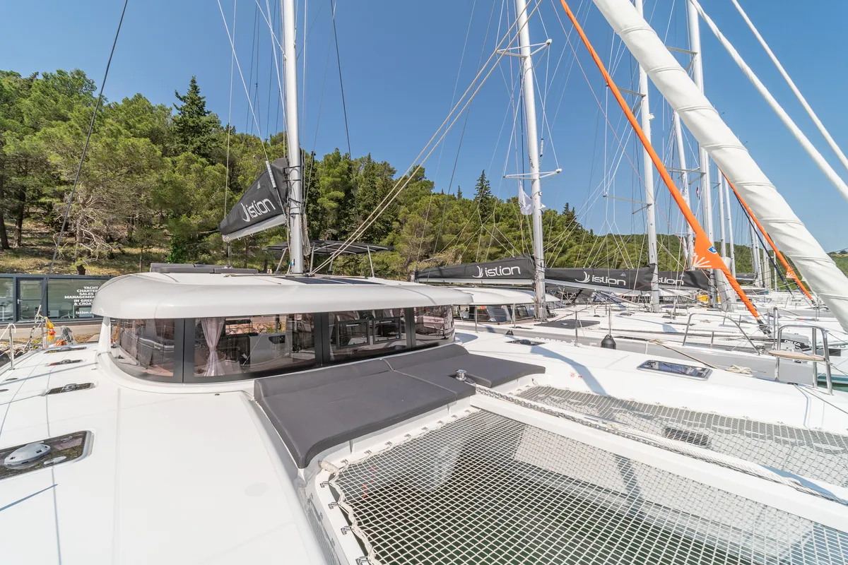 Deck of First Dance, a Lagoon 42 catamaran at Skradin, Croatia