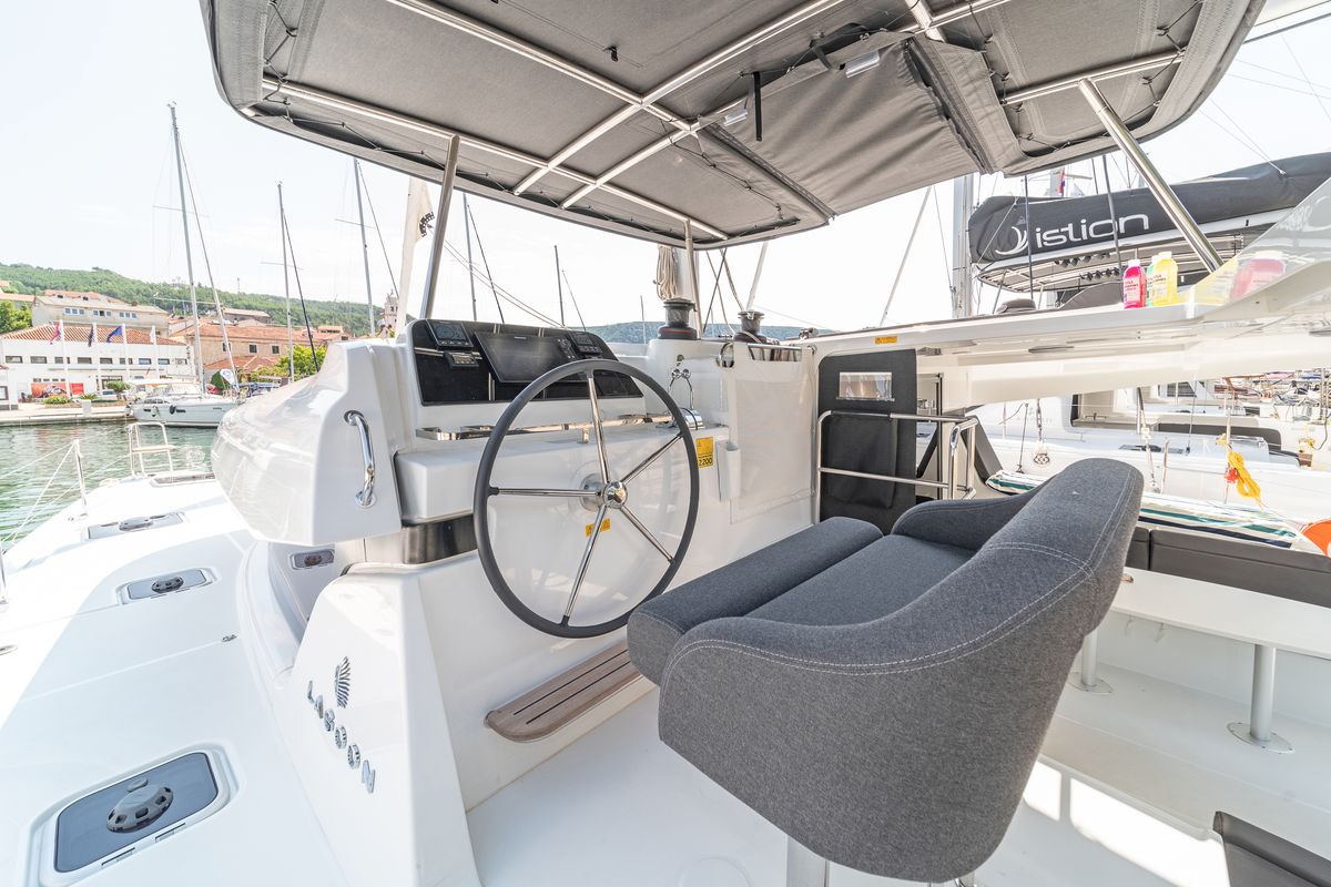Cockpit of First Dance, a Lagoon 42 catamaran at Skradin, Croatia