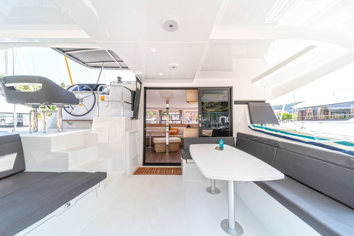 Deck of First Dance, a Lagoon 42 catamaran at Skradin, Croatia