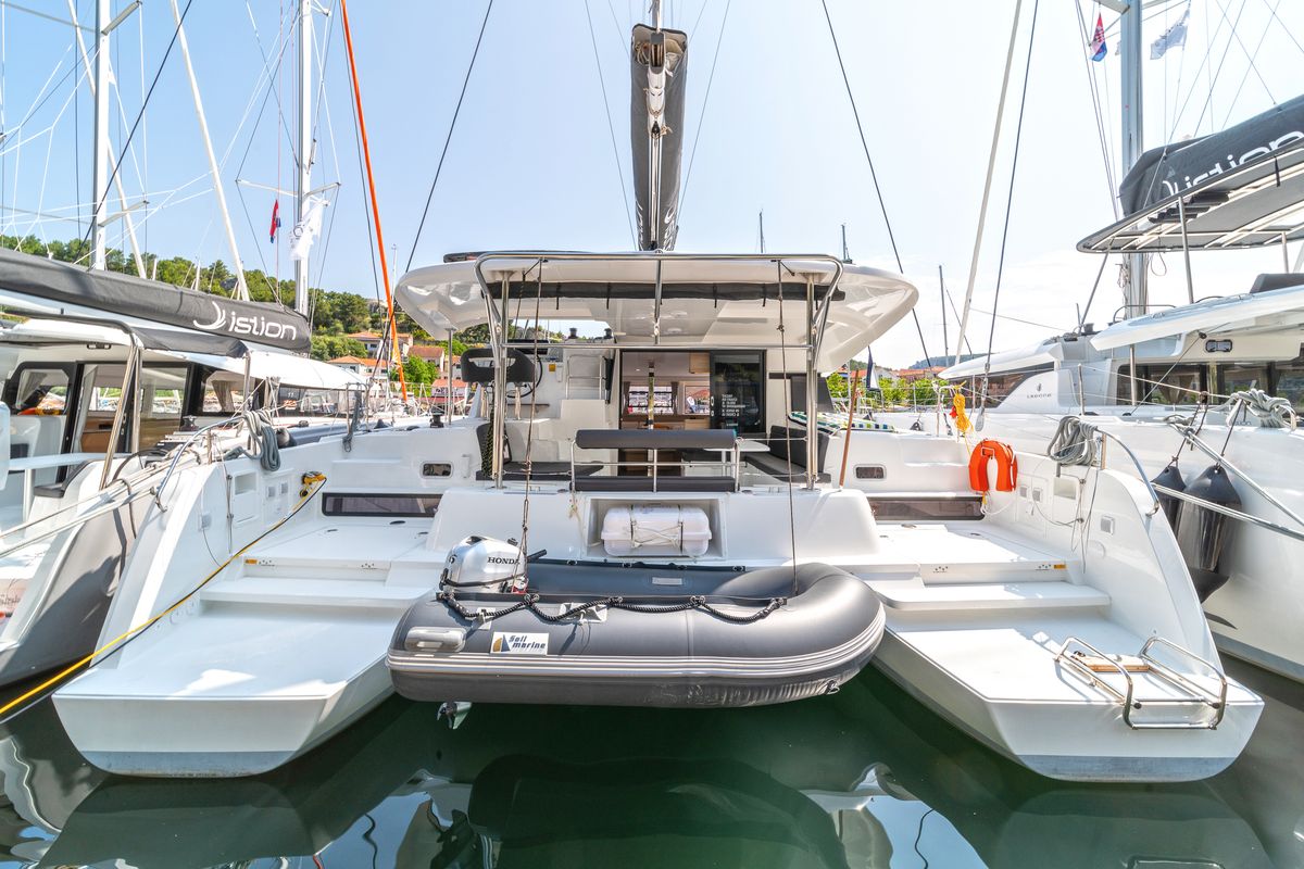 Exterior view of First Dance, a Lagoon 42 catamaran at Skradin, Croatia
