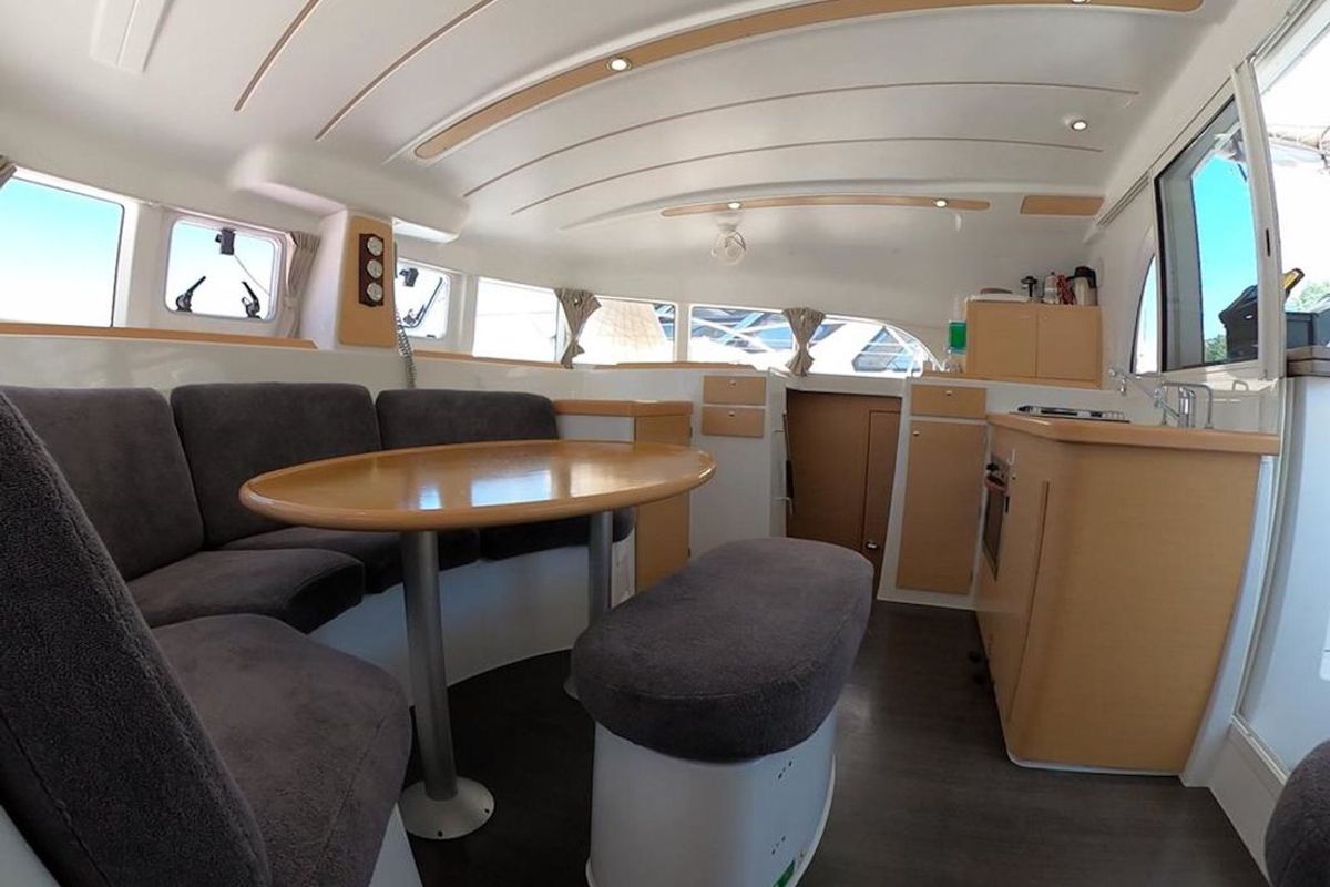 Salon of Suncity 1, a Lagoon 380 catamaran at Fethiye, Turkey