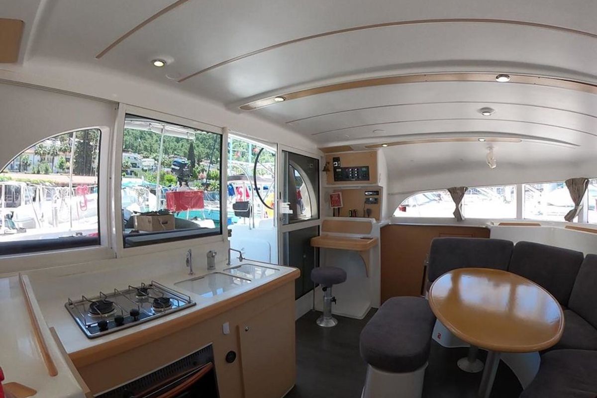 Salon of Suncity 1, a Lagoon 380 catamaran at Fethiye, Turkey
