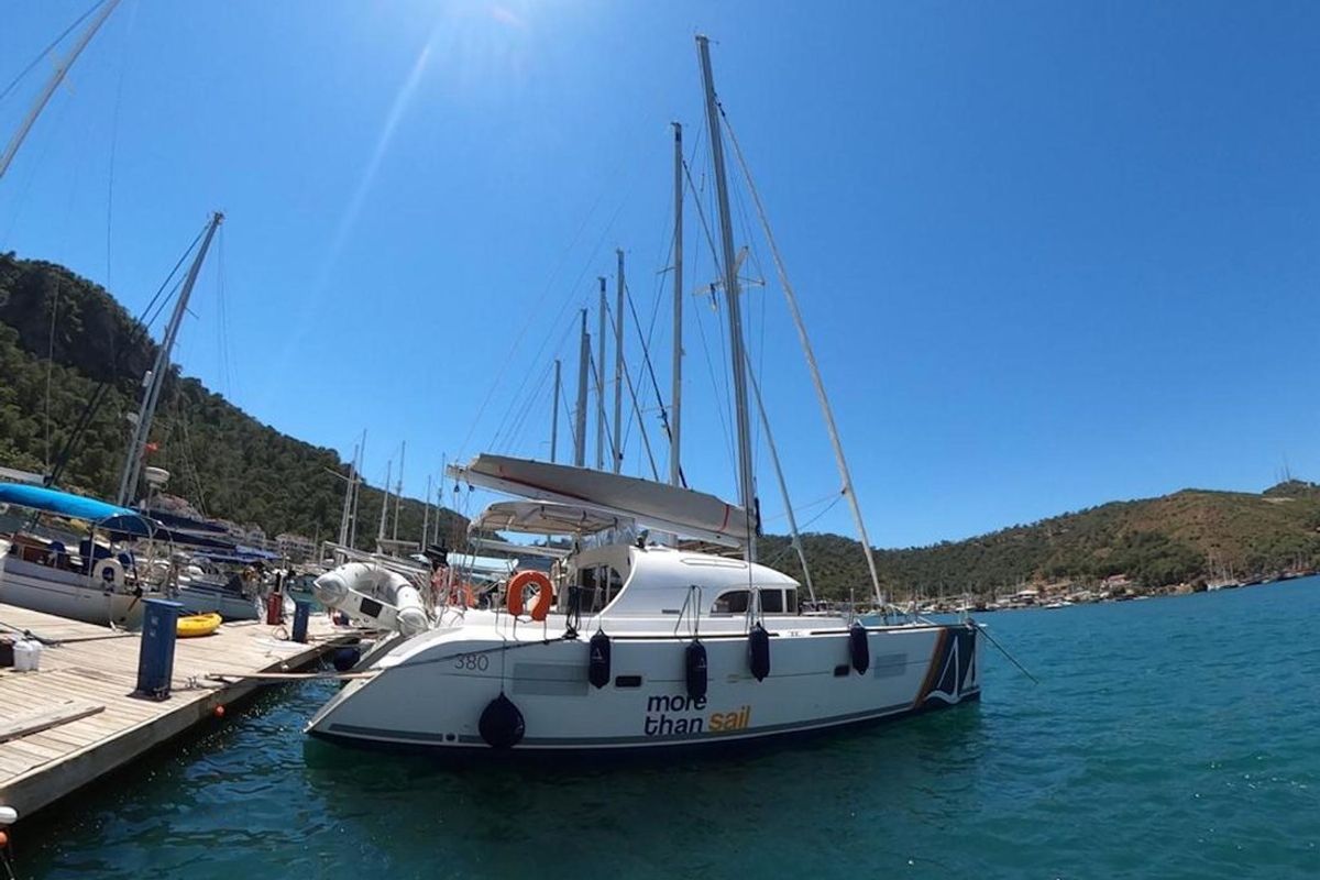 Exterior view of Suncity 1, a Lagoon 380 catamaran at Fethiye, Turkey