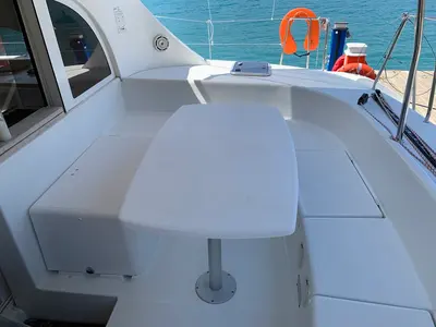 Deck of Suncity 1, a Lagoon 380 catamaran at Fethiye, Turkey