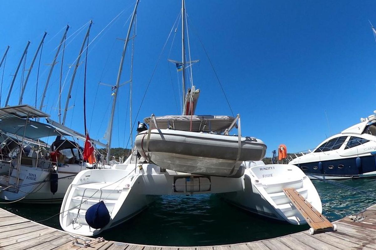 Exterior view of Suncity 1, a Lagoon 380 catamaran at Fethiye, Turkey