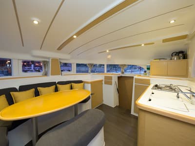 Salon of Suncity 1, a Lagoon 380 catamaran at Fethiye, Turkey