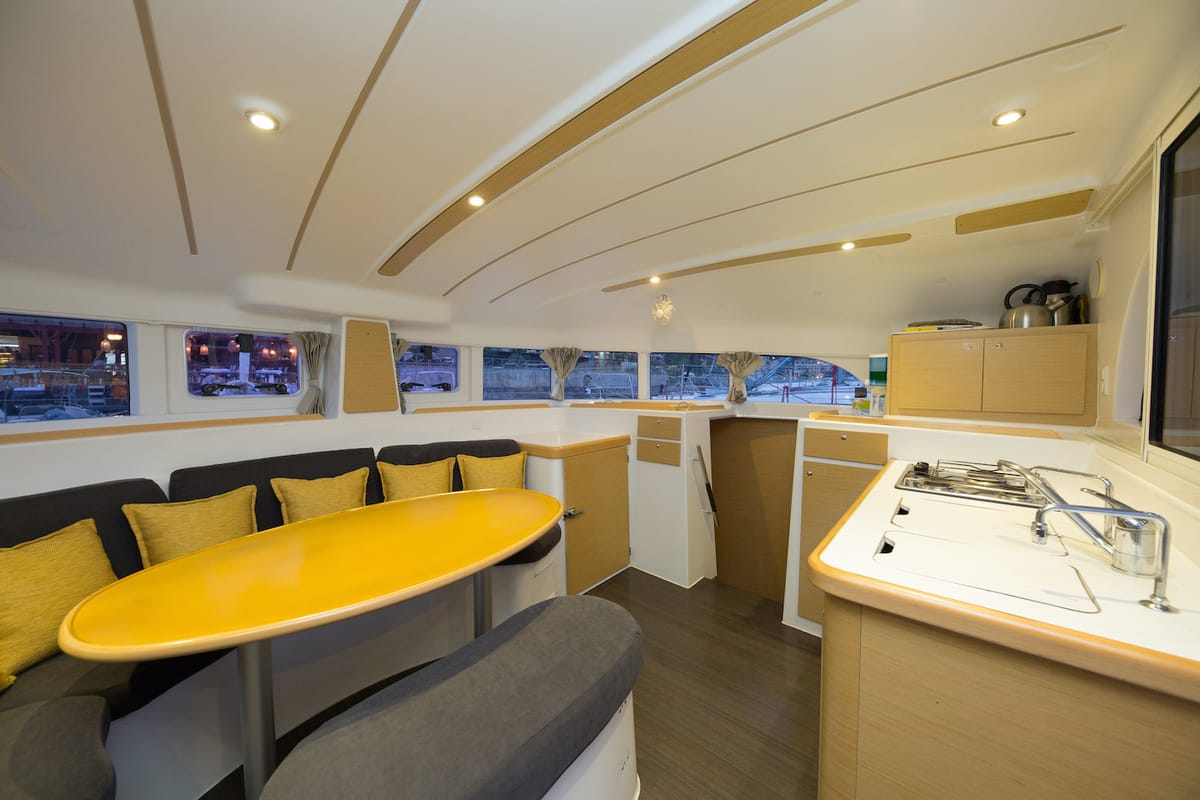 Salon of Suncity 1, a Lagoon 380 catamaran at Fethiye, Turkey