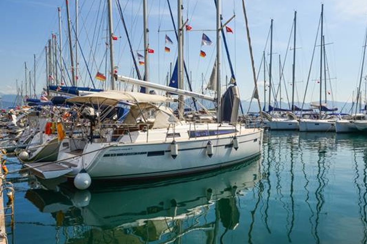 Exterior view of Kedi, a Bavaria Cruiser 37 sailboat at Fethiye, Turkey