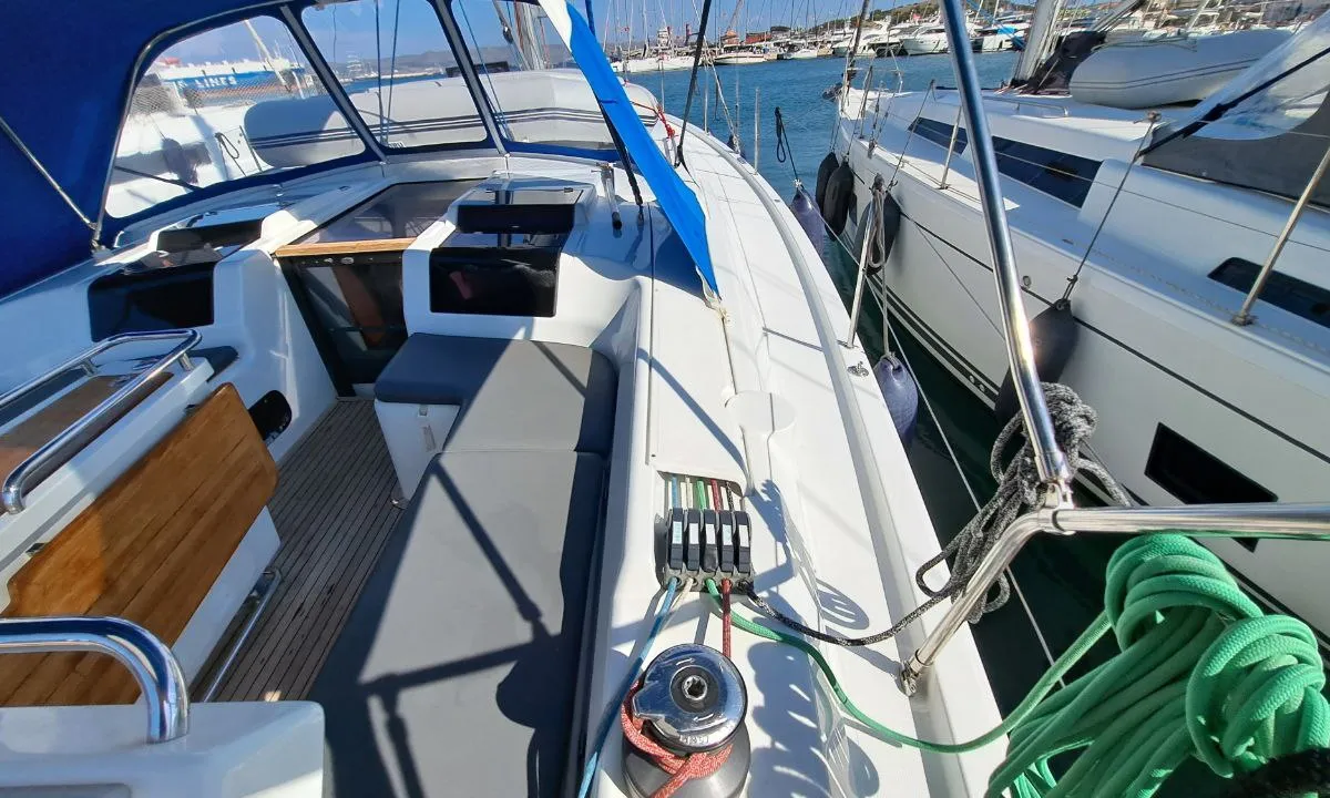 Deck of Swell, a Hanse Yachts Hanse 455 sailboat at Lavreotiki Municipal Unit, Greece