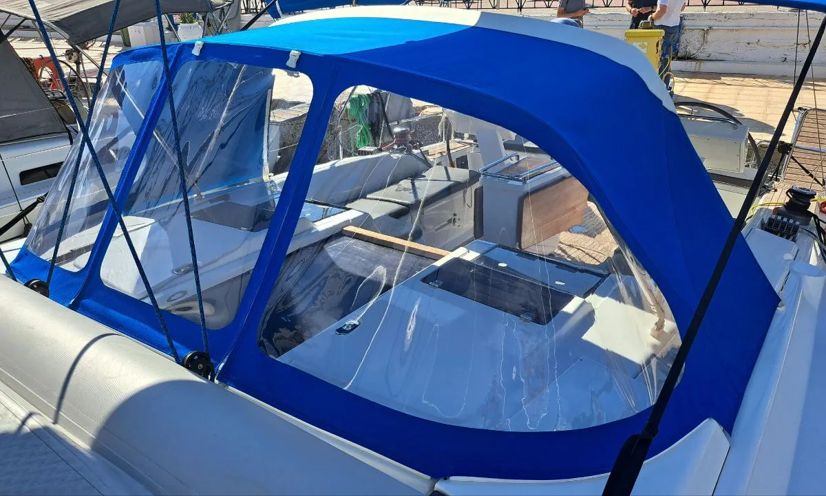 Cockpit of Swell, a Hanse Yachts Hanse 455 sailboat at Lavreotiki Municipal Unit, Greece