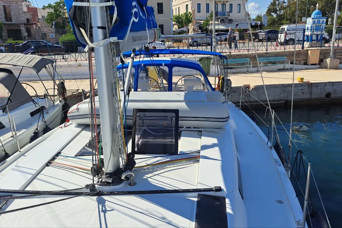Deck of Swell, a Hanse Yachts Hanse 455 sailboat at Lavreotiki Municipal Unit, Greece