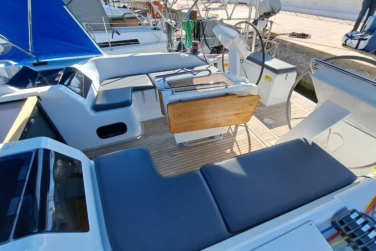 Cockpit of Swell, a Hanse Yachts Hanse 455 sailboat at Lavreotiki Municipal Unit, Greece