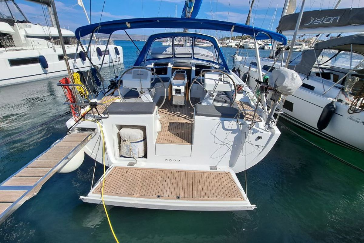 Exterior view of Swell, a Hanse Yachts Hanse 455 sailboat at Lavreotiki Municipal Unit, Greece