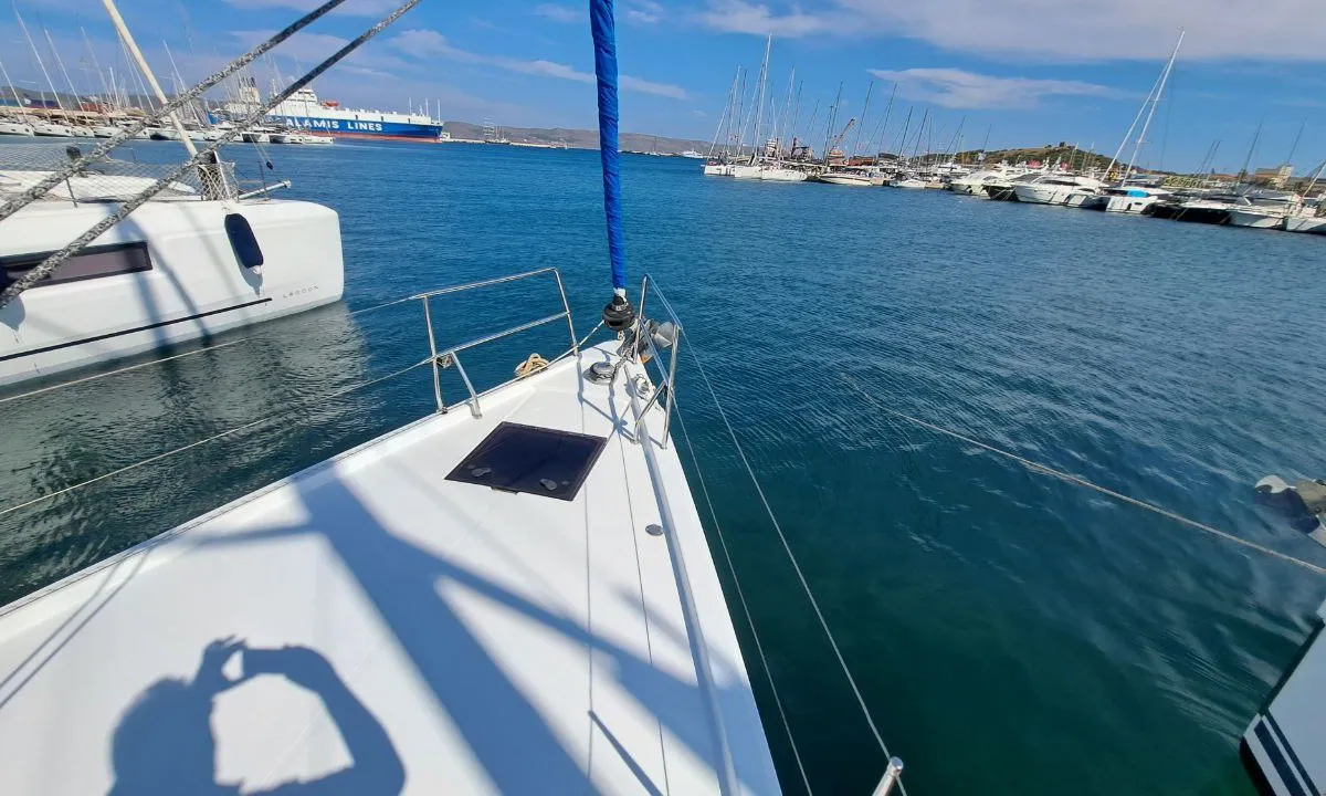 Deck of Swell, a Hanse Yachts Hanse 455 sailboat at Lavreotiki Municipal Unit, Greece