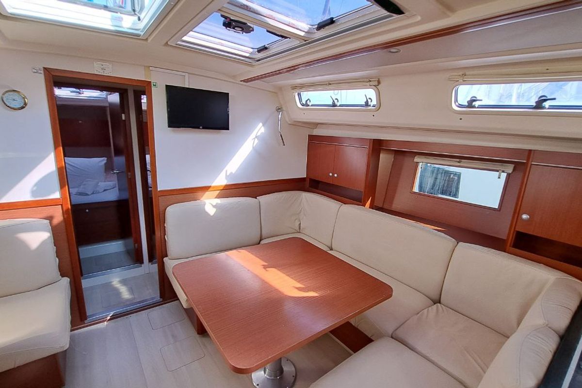 Salon of Swell, a Hanse Yachts Hanse 455 sailboat at Lavreotiki Municipal Unit, Greece