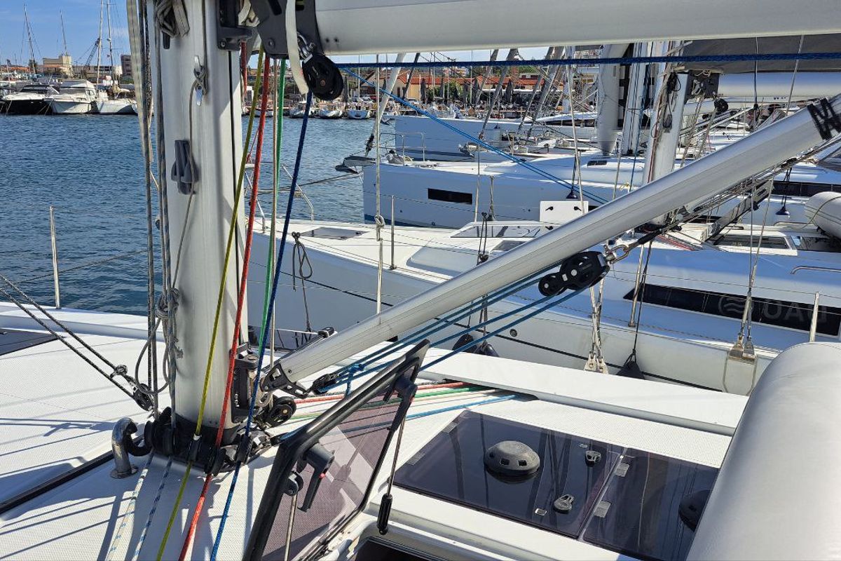 Deck of Swell, a Hanse Yachts Hanse 455 sailboat at Lavreotiki Municipal Unit, Greece