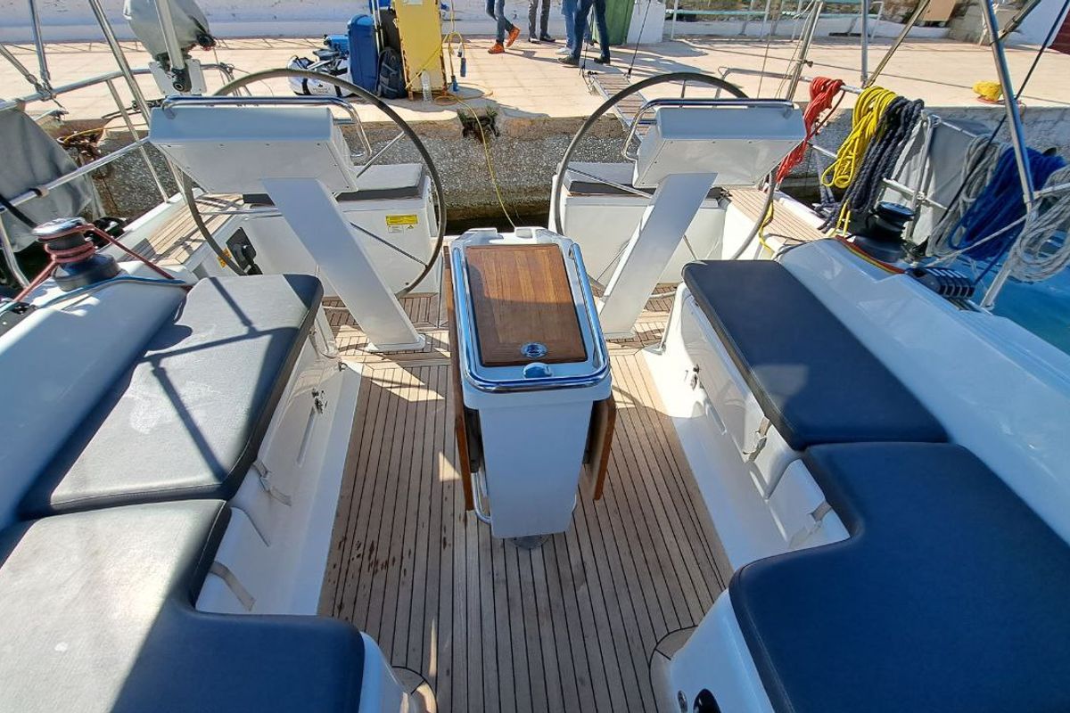 Cockpit of Swell, a Hanse Yachts Hanse 455 sailboat at Lavreotiki Municipal Unit, Greece