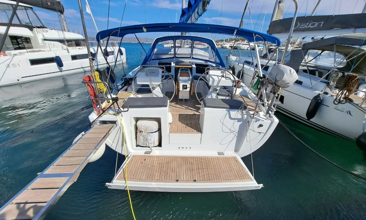 Cockpit of Swell, a Hanse Yachts Hanse 455 sailboat at Lavreotiki Municipal Unit, Greece