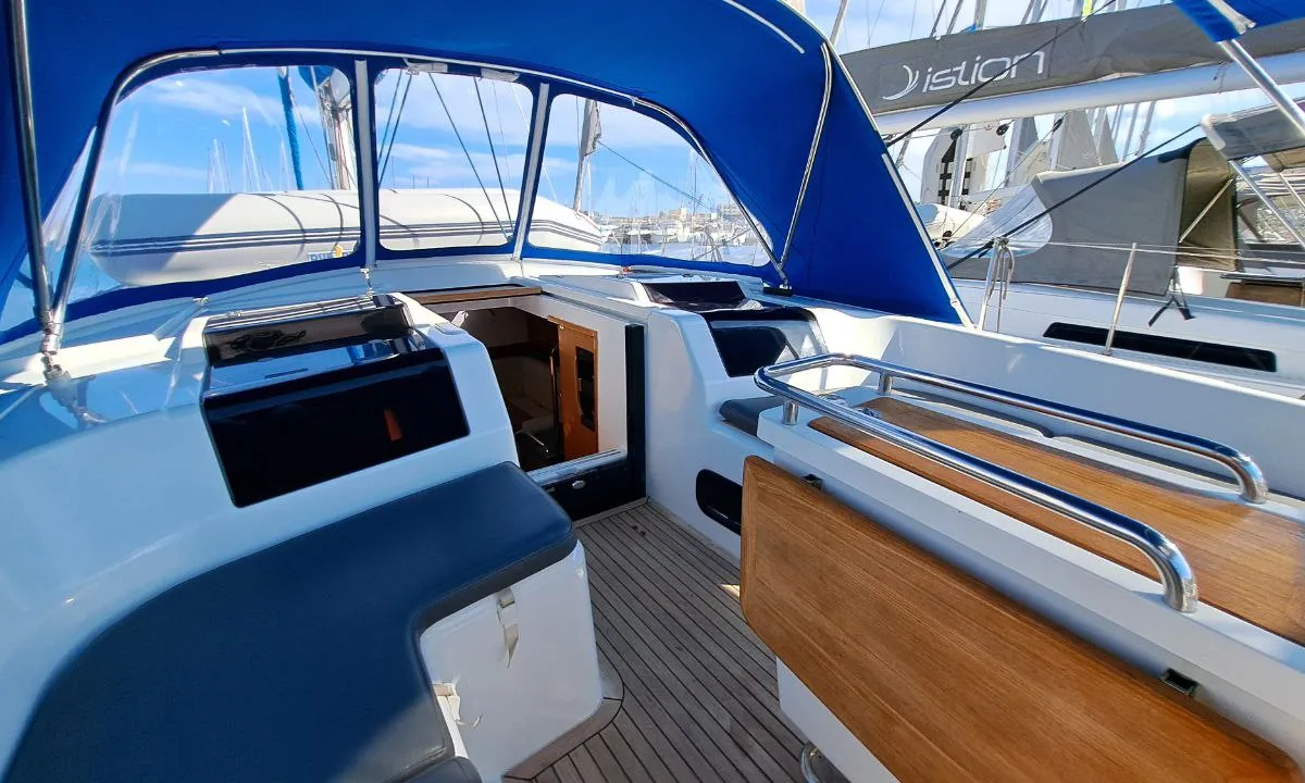 Cockpit of Swell, a Hanse Yachts Hanse 455 sailboat at Lavreotiki Municipal Unit, Greece
